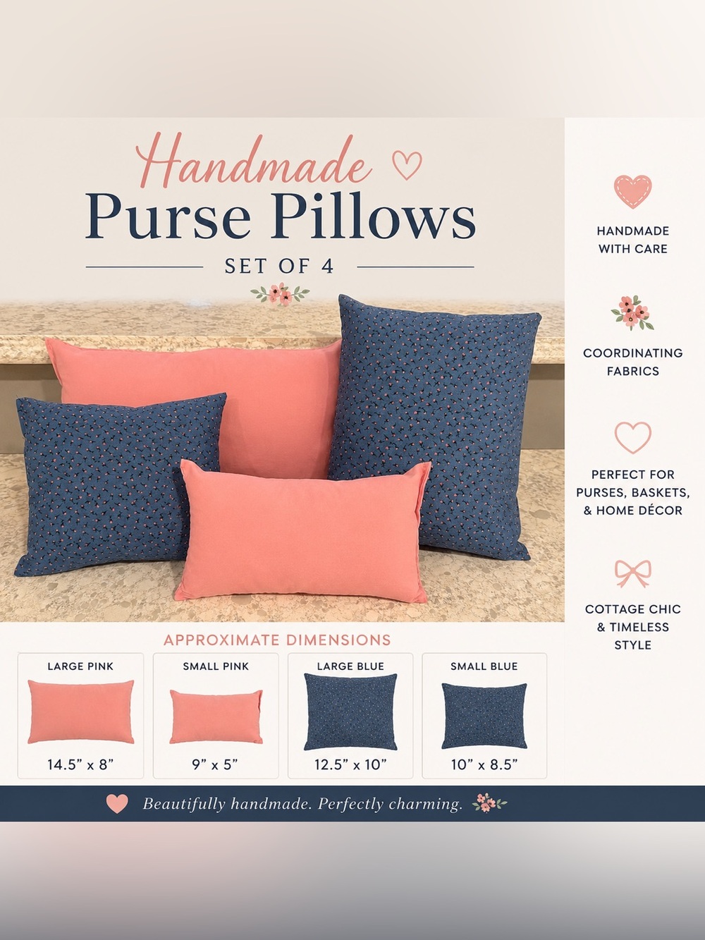 🌸 Handmade Purse Pillows – Set of 4 🌸